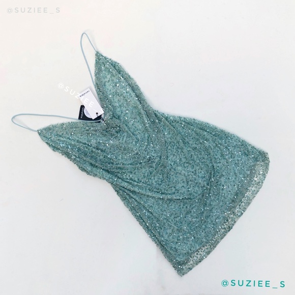 Retrofete Mich Sequin Beaded Embellished Green Cowl Neck Mini Dress XL NWT - Picture 11 of 16